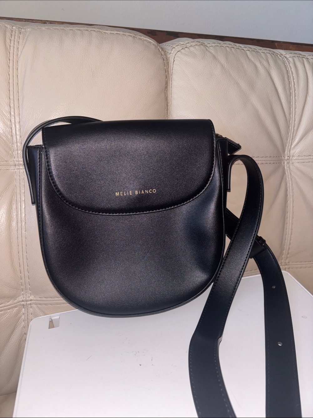 Melie Bianco Black Smooth Saddle Crossbody